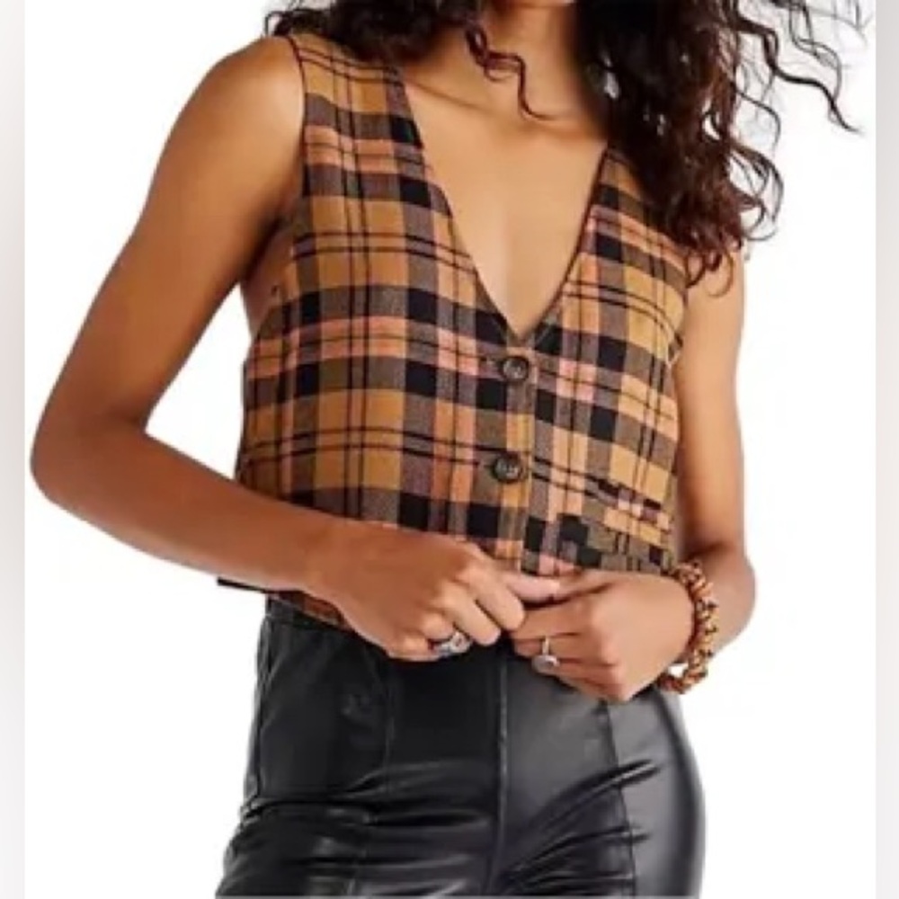 Free People Plaid Cropped Vest in Tan and Black